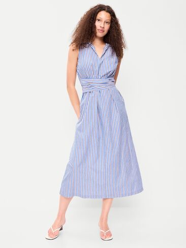 فستان قميص متوسط ​​الطول بدون أكمام بخصر ملفوف من Old Navy - شريط أزرق/أبيض/أحمر in Kuwait