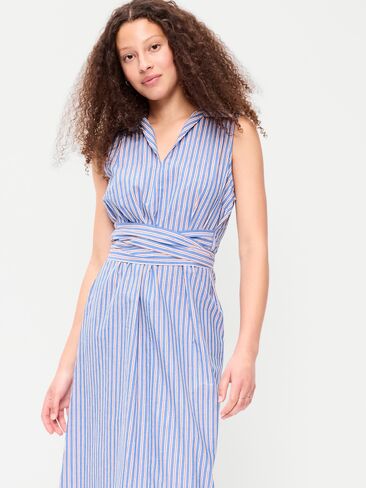 فستان قميص متوسط ​​الطول بدون أكمام بخصر ملفوف من Old Navy - شريط أزرق/أبيض/أحمر in Kuwait