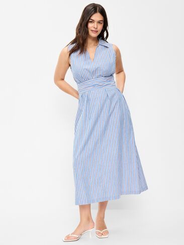 فستان قميص متوسط ​​الطول بدون أكمام بخصر ملفوف من Old Navy - شريط أزرق/أبيض/أحمر in Kuwait