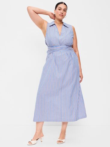 فستان قميص متوسط ​​الطول بدون أكمام بخصر ملفوف من Old Navy - شريط أزرق/أبيض/أحمر in Kuwait