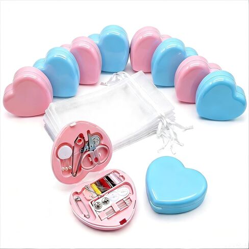 10 Sets Travel Sewing Kit Mini - Heart Shaped Mini Sewing Kit Bulk for Wedding Favors, Holiday Donation Boxes & Emergency Repairs - Portable Small Mending Set with Organza Gift Bags, Pink & Blue in Kuwait