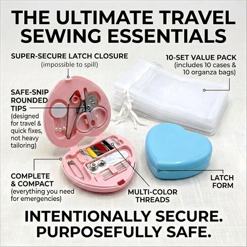 10 Sets Travel Sewing Kit Mini - Heart Shaped Mini Sewing Kit Bulk for Wedding Favors, Holiday Donation Boxes & Emergency Repairs - Portable Small Mending Set with Organza Gift Bags, Pink & Blue in Kuwait
