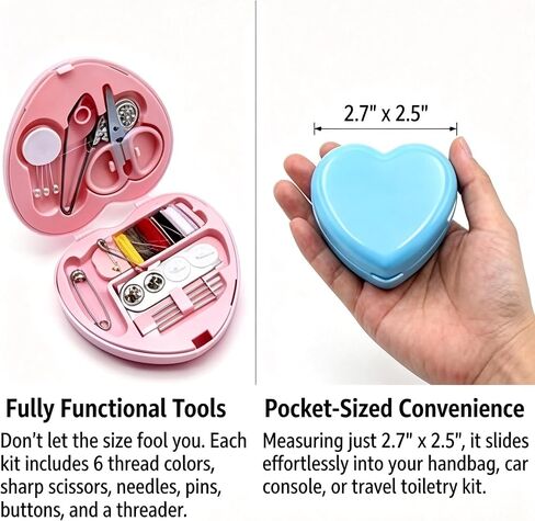10 Sets Travel Sewing Kit Mini - Heart Shaped Mini Sewing Kit Bulk for Wedding Favors, Holiday Donation Boxes & Emergency Repairs - Portable Small Mending Set with Organza Gift Bags, Pink & Blue in Kuwait