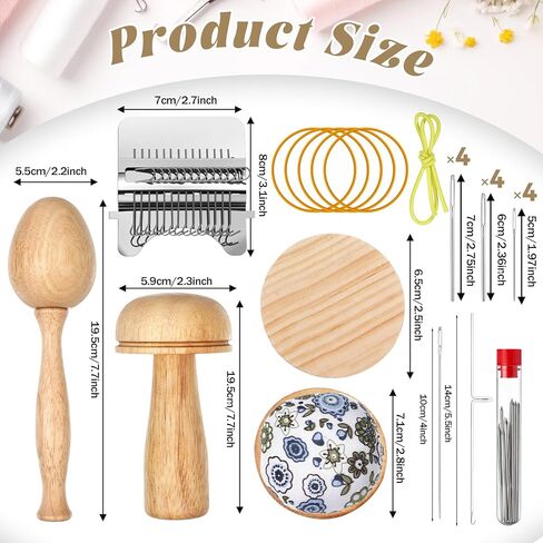 KongTiva Darning Mushroom for Socks, Wood Darning Egg Sewing Tool Darner Egg Kit Includes 14 Hooks Small Weaving Darning Loom 9 Large Eye Needles 50 Colors Thread for Handcraft DIY Weaving Repair Tool in Kuwait