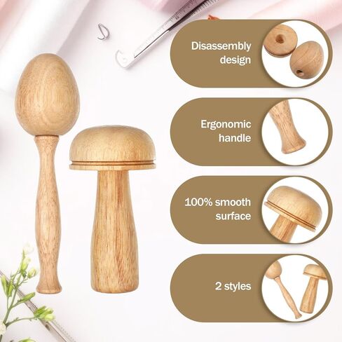 KongTiva Darning Mushroom for Socks, Wood Darning Egg Sewing Tool Darner Egg Kit Includes 14 Hooks Small Weaving Darning Loom 9 Large Eye Needles 50 Colors Thread for Handcraft DIY Weaving Repair Tool in Kuwait