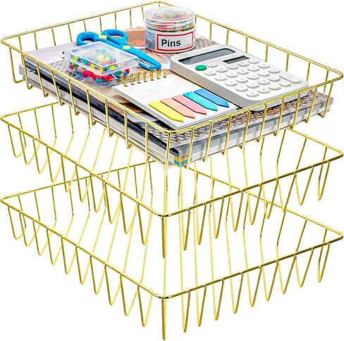 Okllen 3 Pack Gold Wire File Organizer Trays for Desk, A4 & Letter Size Metal Document Holder, Desktop Magazine Paper Trays for Office Cosmetics Bathroom in Kuwait