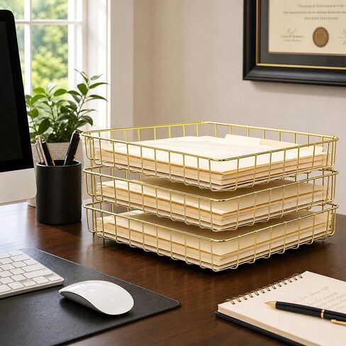 Okllen 3 Pack Gold Wire File Organizer Trays for Desk, A4 & Letter Size Metal Document Holder, Desktop Magazine Paper Trays for Office Cosmetics Bathroom in Kuwait