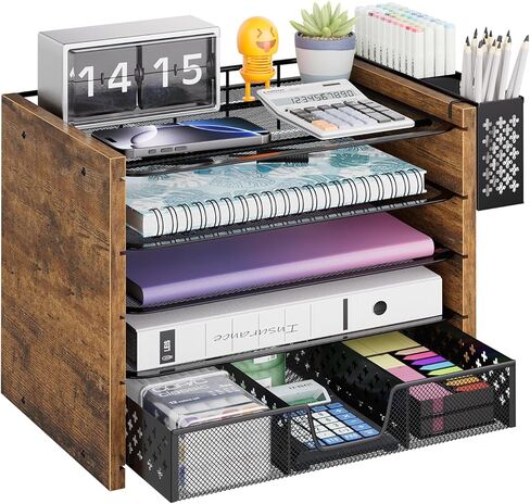 Simple Trending 5-Tier Paper Organizer Letter Tray, Wood Desk Organizers and Accessories with Drawer & Pen Holder for Home Office School in Kuwait