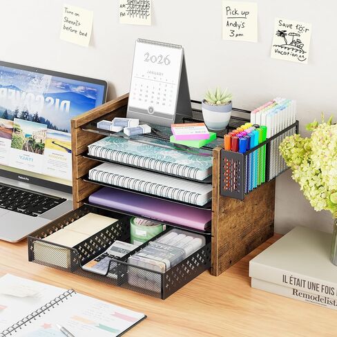 Simple Trending 5-Tier Paper Organizer Letter Tray, Wood Desk Organizers and Accessories with Drawer & Pen Holder for Home Office School in Kuwait