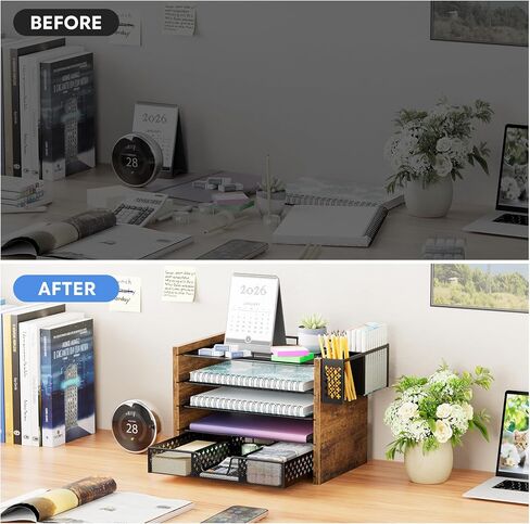 Simple Trending 5-Tier Paper Organizer Letter Tray, Wood Desk Organizers and Accessories with Drawer & Pen Holder for Home Office School in Kuwait