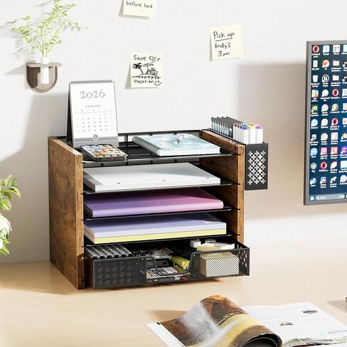 Simple Trending 5-Tier Paper Organizer Letter Tray, Wood Desk Organizers and Accessories with Drawer & Pen Holder for Home Office School in Kuwait