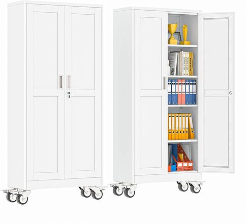 pozdeg 71" Metal Garage Storage Cabinets with Wheels, Lockable Rolling File Cabinets with 2 Doors and 4 Adjustable Shelves, Steel Tool Organizer Locker for Office Home Garage Gym School, White in Kuwait