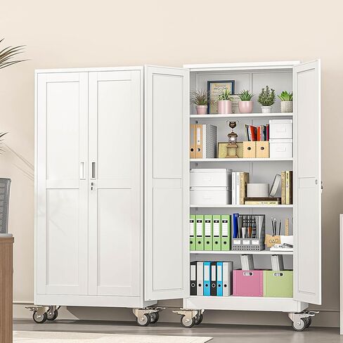 pozdeg 71" Metal Garage Storage Cabinets with Wheels, Lockable Rolling File Cabinets with 2 Doors and 4 Adjustable Shelves, Steel Tool Organizer Locker for Office Home Garage Gym School, White in Kuwait