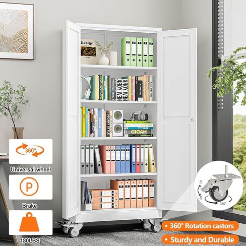 pozdeg 71" Metal Garage Storage Cabinets with Wheels, Lockable Rolling File Cabinets with 2 Doors and 4 Adjustable Shelves, Steel Tool Organizer Locker for Office Home Garage Gym School, White in Kuwait