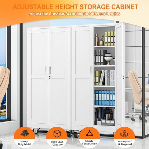 pozdeg 71" Metal Garage Storage Cabinets with Wheels, Lockable Rolling File Cabinets with 2 Doors and 4 Adjustable Shelves, Steel Tool Organizer Locker for Office Home Garage Gym School, White in Kuwait