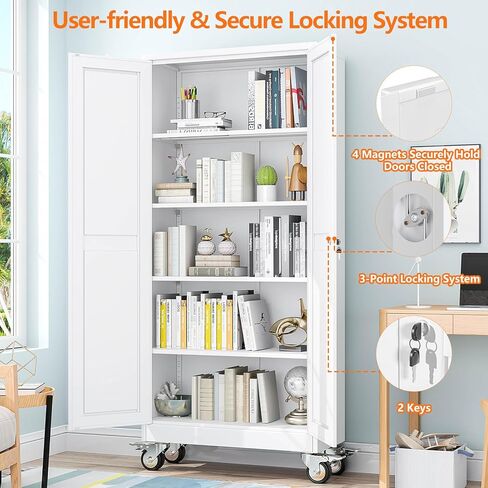 pozdeg 71" Metal Garage Storage Cabinets with Wheels, Lockable Rolling File Cabinets with 2 Doors and 4 Adjustable Shelves, Steel Tool Organizer Locker for Office Home Garage Gym School, White in Kuwait