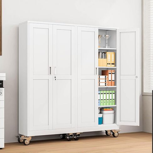 pozdeg 71" Metal Garage Storage Cabinets with Wheels, Lockable Rolling File Cabinets with 2 Doors and 4 Adjustable Shelves, Steel Tool Organizer Locker for Office Home Garage Gym School, White in Kuwait