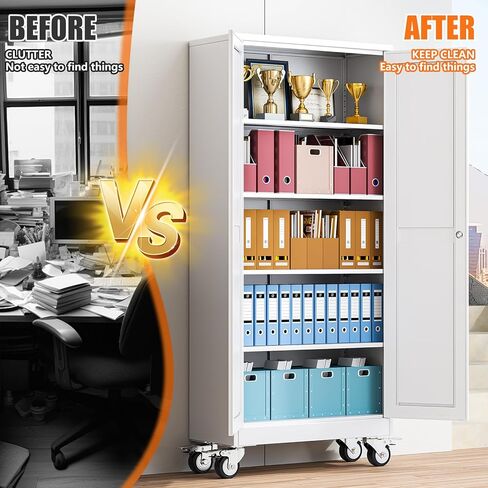 pozdeg 71" Metal Garage Storage Cabinets with Wheels, Lockable Rolling File Cabinets with 2 Doors and 4 Adjustable Shelves, Steel Tool Organizer Locker for Office Home Garage Gym School, White in Kuwait