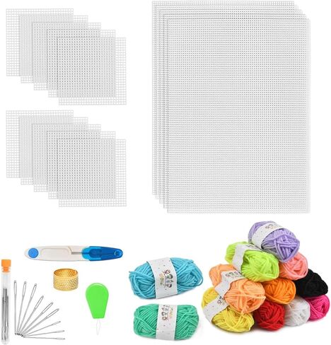 OctBird 39Pcs Plastic Canvas Kit, Mesh Plastic Canvas Sheets Kit Including 15 Pieces Clear Plastic Canvas, 12 Color Acrylic Yarn and Embroidery Tools for Embroidery Plastics Canvas Craft in Kuwait