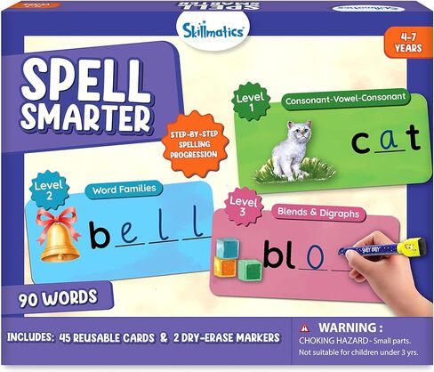 Skillmatics Spell Smarter – Phonics & Spelling Write and Wipe Flashcards, Learn to Read with CVC Words, Blends & Digraphs, Preschool Kindergarten Homeschool Activity, Gift for Kids Ages 4, 5, 6, 7 in Kuwait