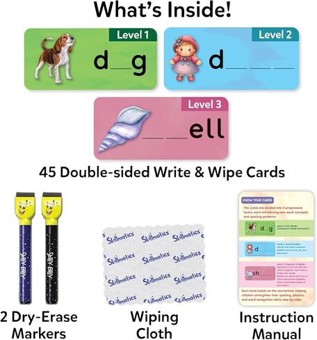 Skillmatics Spell Smarter – Phonics & Spelling Write and Wipe Flashcards, Learn to Read with CVC Words, Blends & Digraphs, Preschool Kindergarten Homeschool Activity, Gift for Kids Ages 4, 5, 6, 7 in Kuwait