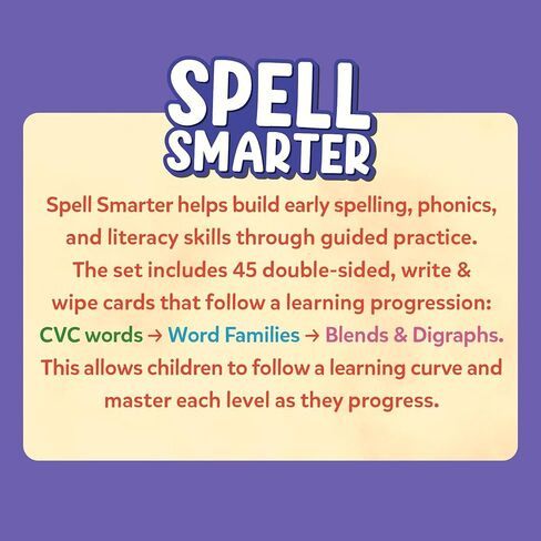 Skillmatics Spell Smarter – Phonics & Spelling Write and Wipe Flashcards, Learn to Read with CVC Words, Blends & Digraphs, Preschool Kindergarten Homeschool Activity, Gift for Kids Ages 4, 5, 6, 7 in Kuwait