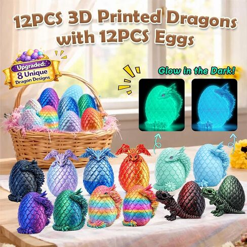 12Pack 3D Printed Dragon Eggs with Dragon Inside, Fantasy Collectible 3D Print Animals Toys Party Favor Gifts for Kids & Collectors in Kuwait