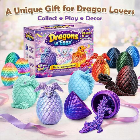 12Pack 3D Printed Dragon Eggs with Dragon Inside, Fantasy Collectible 3D Print Animals Toys Party Favor Gifts for Kids & Collectors in Kuwait