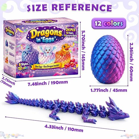12Pack 3D Printed Dragon Eggs with Dragon Inside, Fantasy Collectible 3D Print Animals Toys Party Favor Gifts for Kids & Collectors in Kuwait