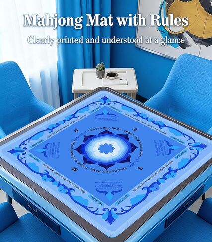 31.5" x 31.5" Mahjong Mat for Table with American Rules Printed, Non-Slip Noise Reduction Mah Jongg Mat with Carrying Bag & 3 Dice for Card, Board, Poker, Tile Games, Dominoes (Blue) in Kuwait