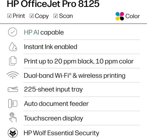 HP OfficeJet Pro 8125 Wireless All-in-One Color Inkjet Printer, Print, Scan, Copy, ADF, Duplex Printing Best-for-Home Office, 3 Month Trial of Instant Ink Included, AI-Capable (C2VJ4A) in Kuwait