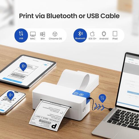 Bluetooth Thermal Shipping Label Printer, 4x6 Portable Thermal Printer, Compatible with iPhone, Android, Windows and Mac, Works with USPS, UPS, Amazon, Shopify, Etsy (White), 1 Count in Kuwait