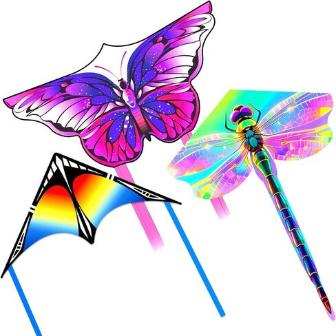 3Pack Large Kites - Butterfly Delta Dragonfly Kites for Kids and Adults, Easy to Fly for Each Park Outdoor Activities (Purple Butterfly+Rainbow Delta+Gold Dragonfly) in Kuwait