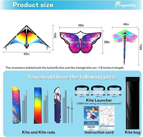 3Pack Large Kites - Butterfly Delta Dragonfly Kites for Kids and Adults, Easy to Fly for Each Park Outdoor Activities (Purple Butterfly+Rainbow Delta+Gold Dragonfly) in Kuwait