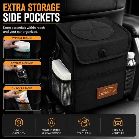 LuxMotive Car Trash Can – 3 Gallon Leakproof Waterproof Auto Trash Bin, Hanging Car Garbage Container with Lid & Storage Pockets, Foldable Car Organizer for Vehicle Interior (Black) in Kuwait