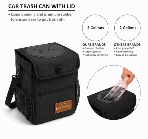 LuxMotive Car Trash Can – 3 Gallon Leakproof Waterproof Auto Trash Bin, Hanging Car Garbage Container with Lid & Storage Pockets, Foldable Car Organizer for Vehicle Interior (Black) in Kuwait