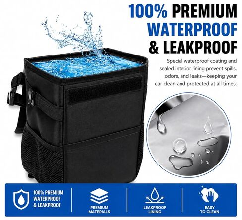 LuxMotive Car Trash Can – 3 Gallon Leakproof Waterproof Auto Trash Bin, Hanging Car Garbage Container with Lid & Storage Pockets, Foldable Car Organizer for Vehicle Interior (Black) in Kuwait