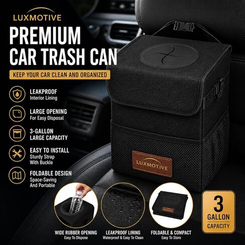 LuxMotive Car Trash Can – 3 Gallon Leakproof Waterproof Auto Trash Bin, Hanging Car Garbage Container with Lid & Storage Pockets, Foldable Car Organizer for Vehicle Interior (Black) in Kuwait
