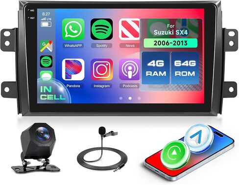 2 + 64G راديو السيارة أندرويد ستيريو للسيارة سوزوكي SX4 2006-2013 مع Carplay اللاسلكي Android Auto، 9 بوصة تعمل باللمس وحدة الرأس مرآة رابط WiFi GPS Navigation Bluetooth FM RDS EQ AHD كاميرا احتياطية SWC MIC in Kuwait