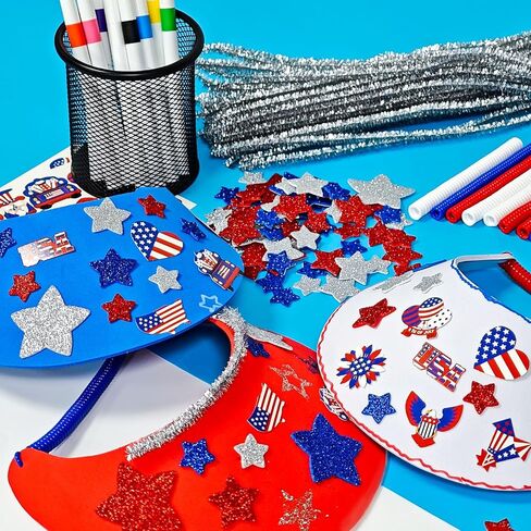 Cinrobiye 12 Set 4th of July Foam Visors Crafts Kits Bulk DIY Patriotic Sun Visor Hats DIY Crafts Sports Supplies with Stickers for Independence Day Parade Summer Beach Party Outdoor Tennis Supplies in Kuwait