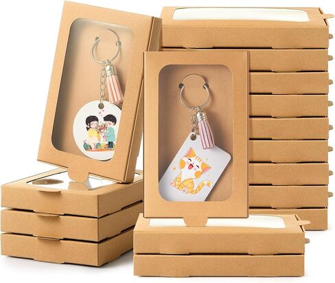 Dunzoom 30 Pcs Sublimation Keychain Packaging Boxes 5.4" x 3.3" x 0.7" Christmas Ornaments Holder Paper Blanks Gift Box with Window Display Card for Xmas Gifts Wrapping, Keychain Not Included(Brown) in Saudi Arabia