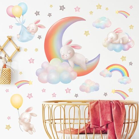 DECOWALL SG2-2313 Rainbow Moon Clouds and Rabbits Wall Stickers Decals Bedroom Star Room Nursery for Girls Baby Decorations Girly Kids Balloon Living in Saudi Arabia