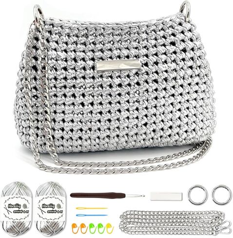 Herally Crochet Kit DIY Bag for Beginners - Include Yarn, Hook and Accessory - with Step by Step Video Tutorials - Crochet Pochette Bag (Silver) in Kuwait