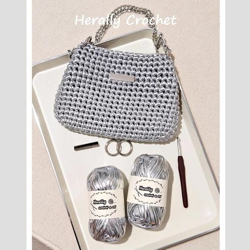 Herally Crochet Kit DIY Bag for Beginners - Include Yarn, Hook and Accessory - with Step by Step Video Tutorials - Crochet Pochette Bag (Silver) in Kuwait