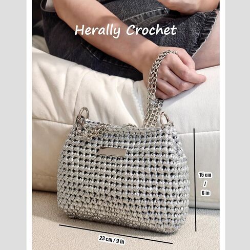 Herally Crochet Kit DIY Bag for Beginners - Include Yarn, Hook and Accessory - with Step by Step Video Tutorials - Crochet Pochette Bag (Silver) in Kuwait