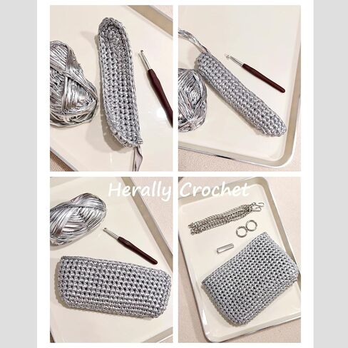 Herally Crochet Kit DIY Bag for Beginners - Include Yarn, Hook and Accessory - with Step by Step Video Tutorials - Crochet Pochette Bag (Silver) in Kuwait