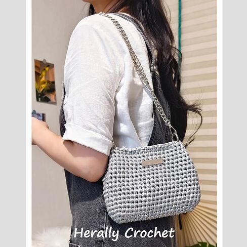 Herally Crochet Kit DIY Bag for Beginners - Include Yarn, Hook and Accessory - with Step by Step Video Tutorials - Crochet Pochette Bag (Silver) in Kuwait