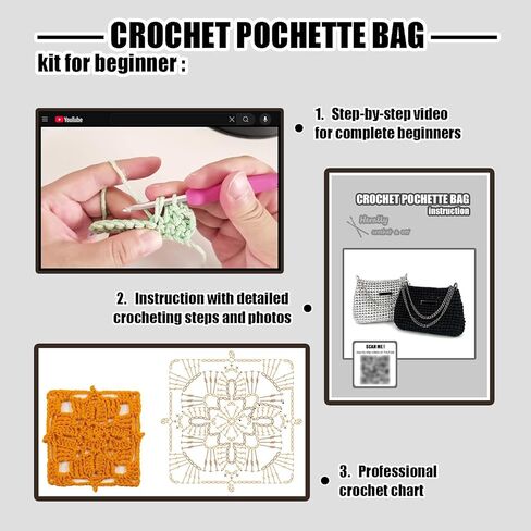 Herally Crochet Kit DIY Bag for Beginners - Include Yarn, Hook and Accessory - with Step by Step Video Tutorials - Crochet Pochette Bag (Silver) in Kuwait
