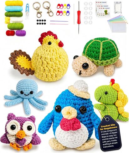 Crochet Kits for Begainners – 6 pcs Animal Amigurumi Set, 6 pcs Zipper Bag, Beginner Crochet Starter Pack for Adults & Kids, Learn to DIY Craft Stitch with Yarn, Hooks, Stuffing & Paper Instructions in Kuwait
