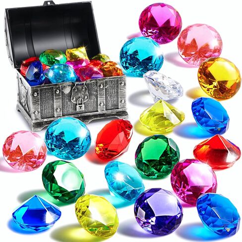 Sloosh Diving Gems Pool Toys,16 Big Colorful Diamond with Pirate Treasure Chest,Swim Dive Toy for Kids Underwater Gemstone Swimming Training Gift Water Toys Pool Games(Silver) in Kuwait
